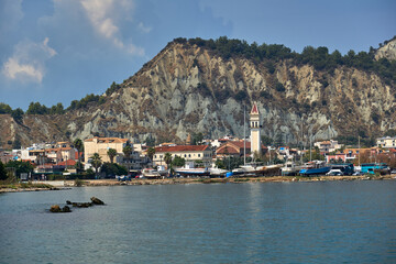 View of a rocky hill and the capital of Zakynthos Island by the sea