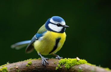 Obraz premium Tiny blue tit bird with vibrant yellow, green plumage rests on mossy branch. Delicate beak, watchful eye sharp against soft dark green background. Small songbird natural beauty, wild habitat.