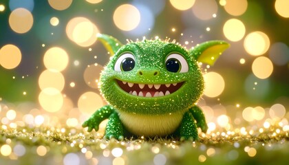 Fototapeta premium Cute green dragon, sparkly, happy