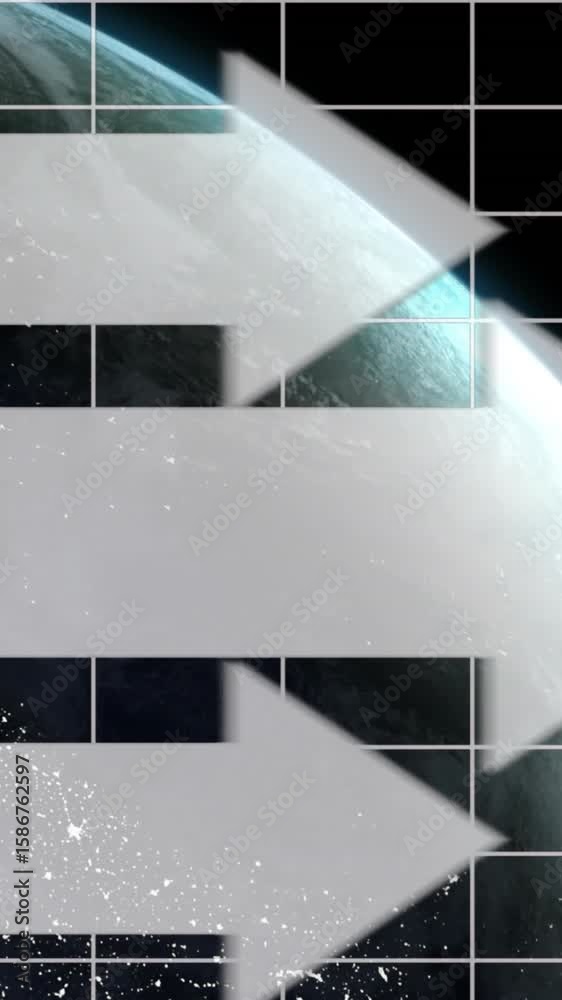 Poster animation of arrow on grid pattern and rotating globe over black background