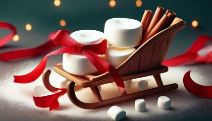 fun marshmallow and cinnamon stick sledge with red ribbons