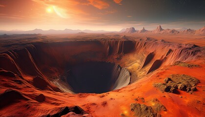 barren planet reveals a meteorite impact site with deep crater and rocky layers exposed in stark landscape