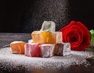colorful turkish delights cubes with powdered sugar and a red rose