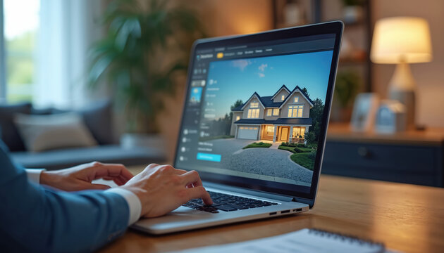 Real estate agent conducts virtual home tour on laptop. Screen displays high-quality images and floor plans of a modern house. Professional decor in a neat home office.