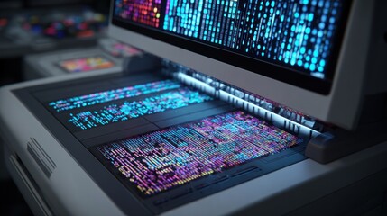 Futuristic computer screen displaying code