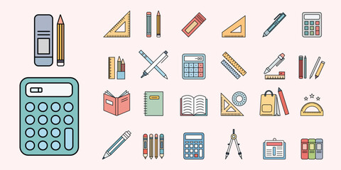 Back to School Vector Icons Set in Soft Colors &ndash; Education Supplies in Outline and Fill Style