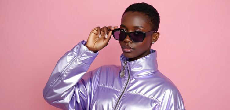 Stylish black woman poses in studio wearing trendy lilac puffer jacket, sunglasses against pink background. Confident female model with short hair adjusts eyewear, embodying modern fashion, beauty