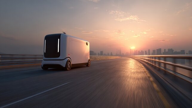 Futuristic delivery van on highway at sunset