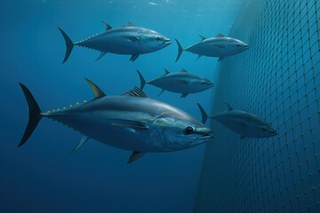 Fototapeta premium A Group of Bluefin Tuna Swimming Gracefully in Clear Waters Captured Underwater, Highlighting Their Dynamic Movement and Stunning Colors in Oceanic Environment