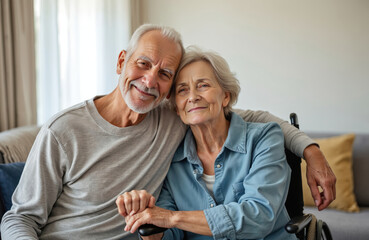 Loving senior couple embraces warmly at home. Man gently holds wife hand sits in wheelchair. Affectionate bond signifies enduring love, mutual support through aging, life challenges.