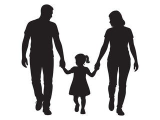 Black silhouette of family holding hands, isolated on white background, graphic illustration. concept of parents, child, unity, family bond, love, partnership, togetherness