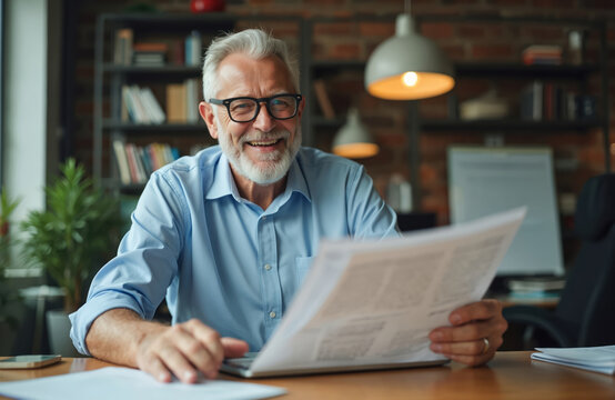Happy older businessman works in office, reviewing corporate documents, using laptop. Mature executive, 50 years old man, manager business owner analyzes financial report. Successful entrepreneur