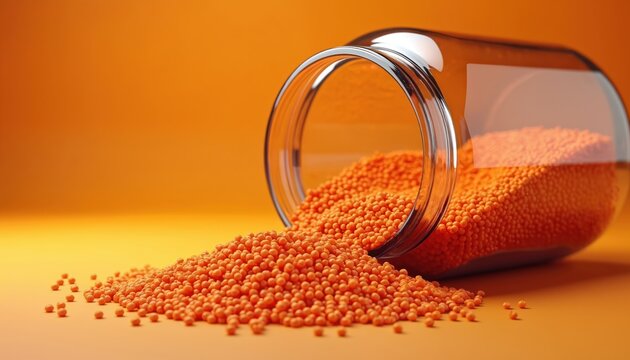 Orange plastic polymer granules spill from glass jar. Polypropylene, HDPE, PVC resin pellets pile. Bright orange backdrop, clean texture. Material science, chemistry, industrial production background.