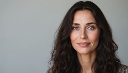 Naklejka premium Portrait of Caucasian woman, 50-59 years old, with long dark hair, well-groomed skin. Gentle smile, expressive eyes. Studio setting with white background provides ample copyspace for text, design.