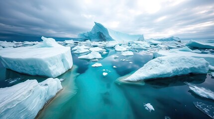 iceberg field floating in the Arctic Ocean. large icebergs off the coast of the north pole