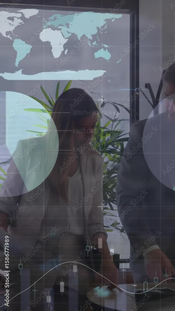 Poster animation shows data processing and business discussions with tech interface.