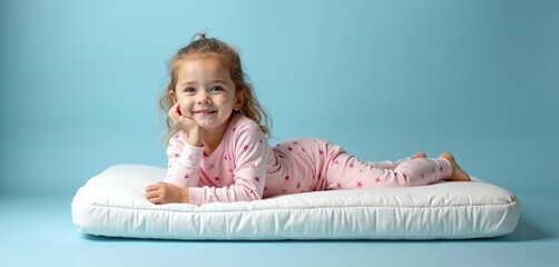 Cute little girl in pink star pajamas rests comfortably on white mattress. Smiles, propped up on hand, against simple light blue backdrop, creating cozy atmosphere perfect for bedtime stories sleep