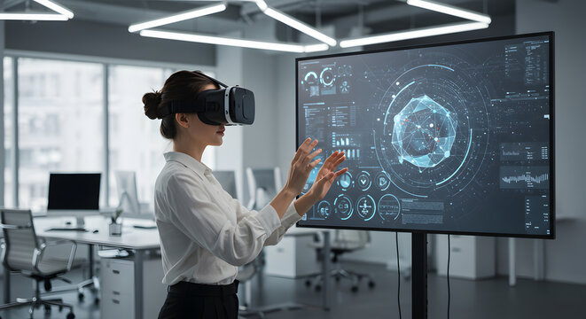 Businesswoman exploring virtual reality, innovative technology in modern office