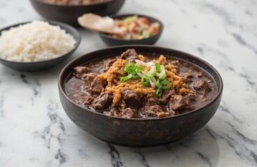 Filipino Beef Pares served with steamed rice, side salad. Savory beef stew, simmered in rich sauce, popular Asian comfort food. Garnished with green onions, offers delicious taste of traditional