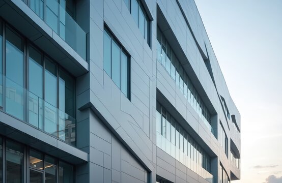 Exterior of contemporary commercial building featuring aluminum composite panels, glass windows. Modern structure engineered diagonal cladding, steel frame, presenting futuristic architectural design