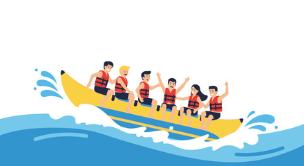 Happy Friends Riding Banana Boat Enjoying Vacation In Summer Beach Water