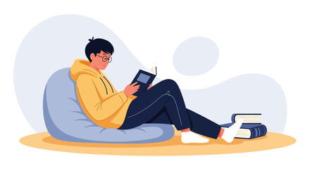 Man Enjoying Cozy Day Reading Novel at Home in Comfortable Beanbag