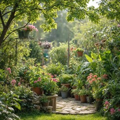Rich garden path lined with potted plants and vibrant flowers in soft sunlight. Green tropical foliage, pink blooms, terracotta pots. Serene backyard setting. Peaceful nature scene.