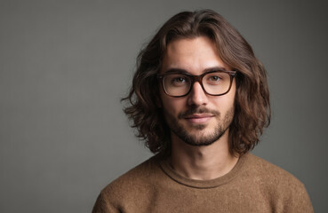 Fototapeta premium Handsome young man with long brown hair, beard wears brown eyeglasses, brown sweater. Posing confidently indoors against plain gray studio background with copy space. Natural lighting emphasizes