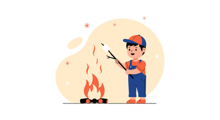 Obraz premium Happy Little Camper Roasting Marshmallow On Campfire During Summer Camping Holiday