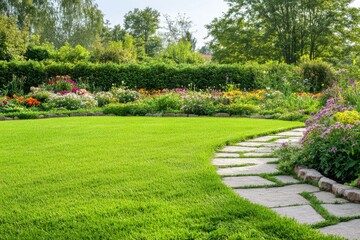 Obraz premium Serene backyard garden with curving grass path lined with stones, blooming seasonal flower beds, manicured hedges, ornamental shrubs, and morning sunlight, tranquil landscape, copyspace