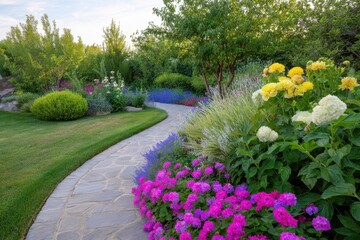 Obraz premium Serene backyard garden with vibrant seasonal blooms, botanical textures, and soft early light. A tranquil scene perfect for outdoor living, gardening ads, and home design visuals.