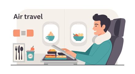 Happy Man Enjoying Inflight Meal And Entertainment During Air Travel