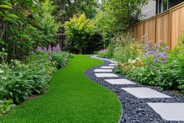 Obraz premium Curved turf walkway bordered by colorful flowers and black stones, set in a cozy suburban garden with wood fencing and blooming plants. Ideal for landscaping visuals.
