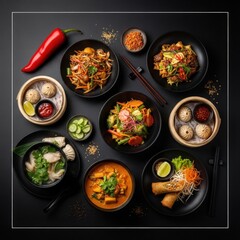 Assortment of Asian Dishes and Ingredients on Black Background asian food assortment