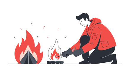 Man Lighting Campfire Under Starry Sky On Outdoor Adventure Trip Illustration