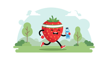 Fototapeta premium Happy Strawberry Runs On Meadow Illustration Representing Healthy Lifestyle And Sport Activity
