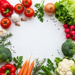Assortment of Fresh Vegetables and Herbs Arranged on White Surface healthy eating organic food