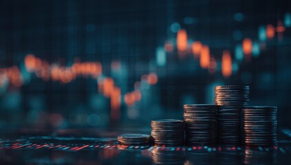 Stacks of coins in front of blurred financial charts