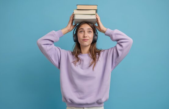 Young student woman in headphones balances books on head, looking up with funny face against a blue background. Casual attire, happy expression, with focus on education and learning themes.