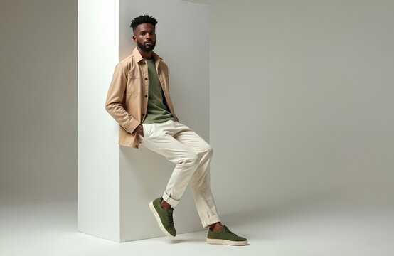 Stylish man leans on white cube, wearing trendy outfit. Beige jacket, green t-shirt, cream pants, green sneakers. Full-length studio shot, grey background. Fashionable, modern look for spring.