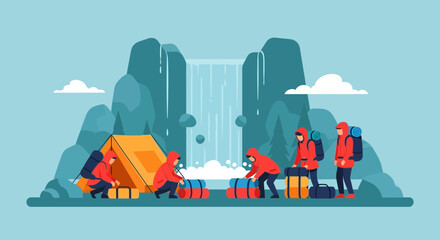 Fototapeta premium Preparing For An Outdoor Adventure With Friends By Setting Up Base Camp