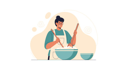 Happy Young Adult Preparing A Dough Mixture In Kitchen Illustration