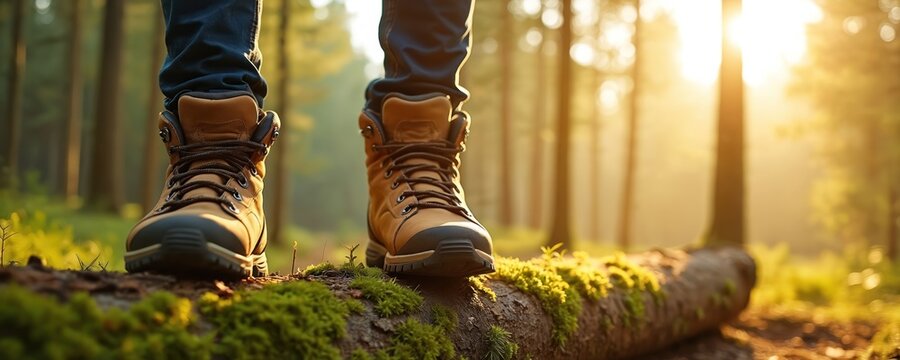 Feet in sturdy hiking boots stand on moss-covered log in sunlit forest. Person walks through nature, enjoying outdoor recreation, healthy activity. Sunlight filters through trees creating warm
