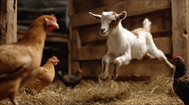 An engaging shot of various farm animals in a barn capturing dynamic actions like a goat leaping and a chicken pecking. Perfect for dynamic video montages or promotional content for