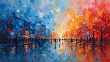 Fototapeta premium Impressionist oil painting captures vibrant city street scene at dusk. Bold brushstrokes in blue, orange, red hues create dynamic atmosphere with reflections on wet pavement, suggesting movement,