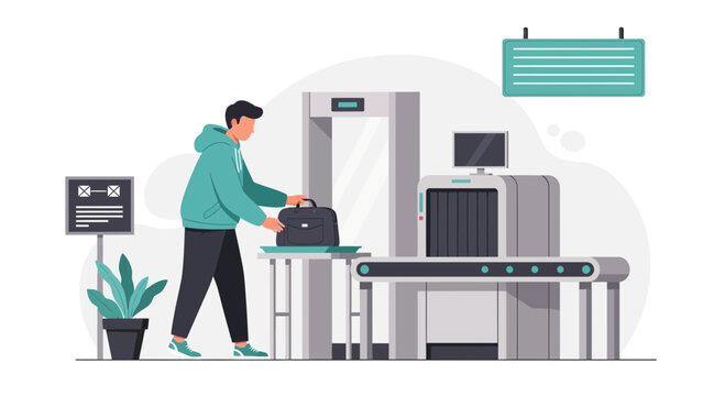 Man Putting His Bag On Conveyor Belt At Airport Security Screening Area