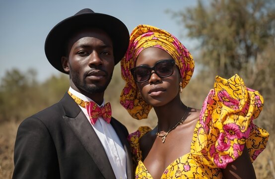 Stylish African couple in traditional Ankara print attire. Man wears black suit with vibrant pink, yellow bow tie, black hat. Woman sports yellow head wrap, dress with bold floral patterns. Outdoors