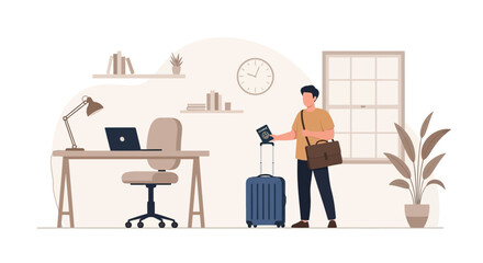 Man Ready For Travel Holding Passport By Suitcase In Home Office