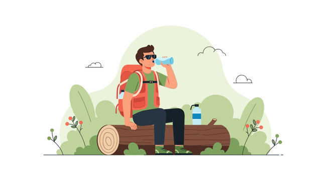 Man Resting And Drinking Water During A Hike Adventure In Nature
