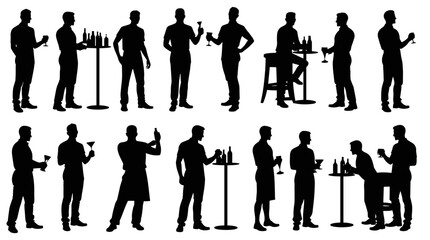 Silhouettes of men holding drinks in various poses and settings
